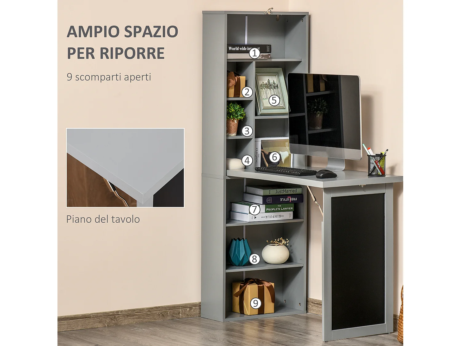 Scrivania pieghevole con libreria a 9 ripiani e lavagna grigio