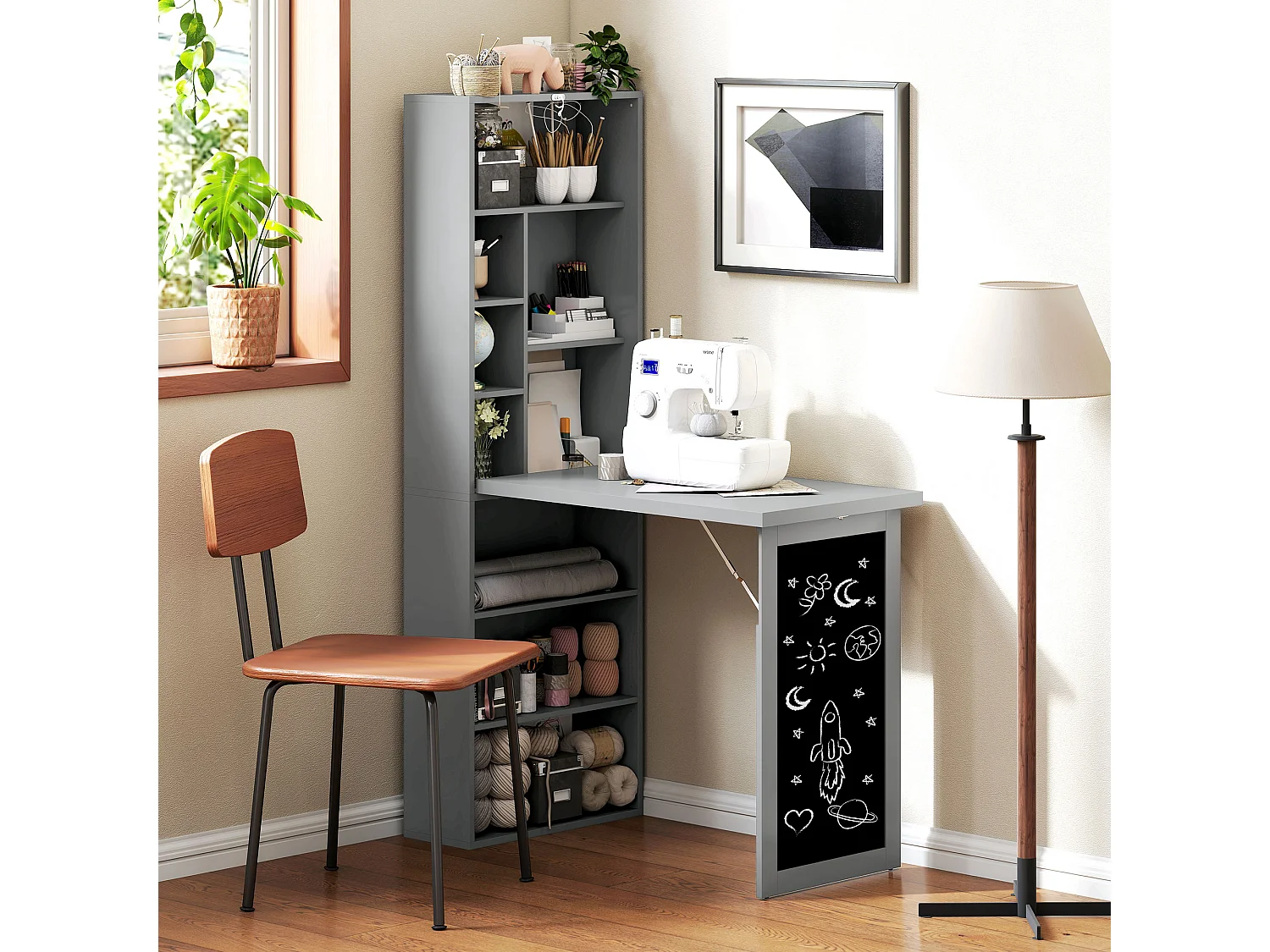 Scrivania pieghevole con libreria a 9 ripiani e lavagna grigio