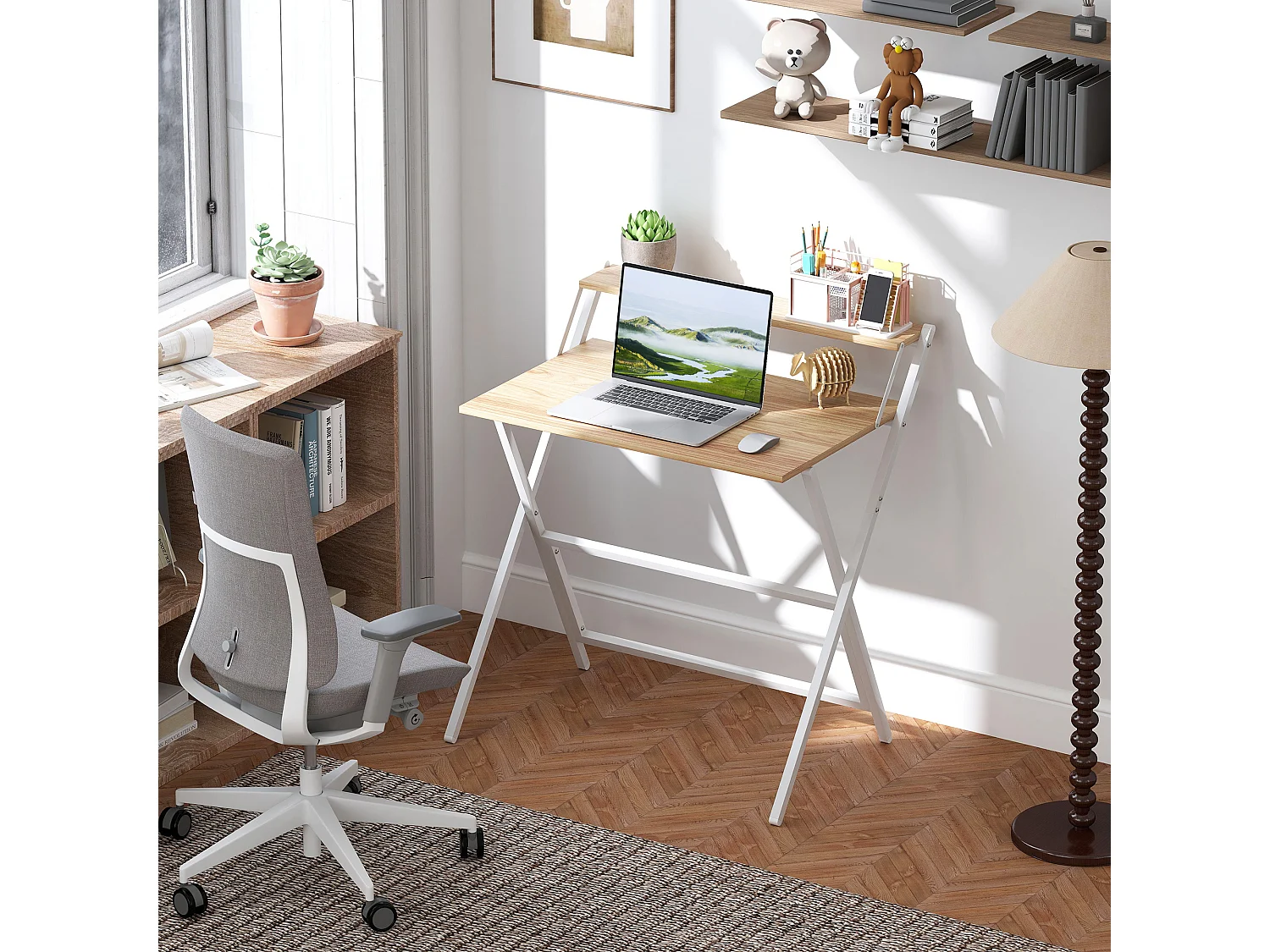 Scrivania pieghevole salvaspazio con ripiano supporto monitor legno