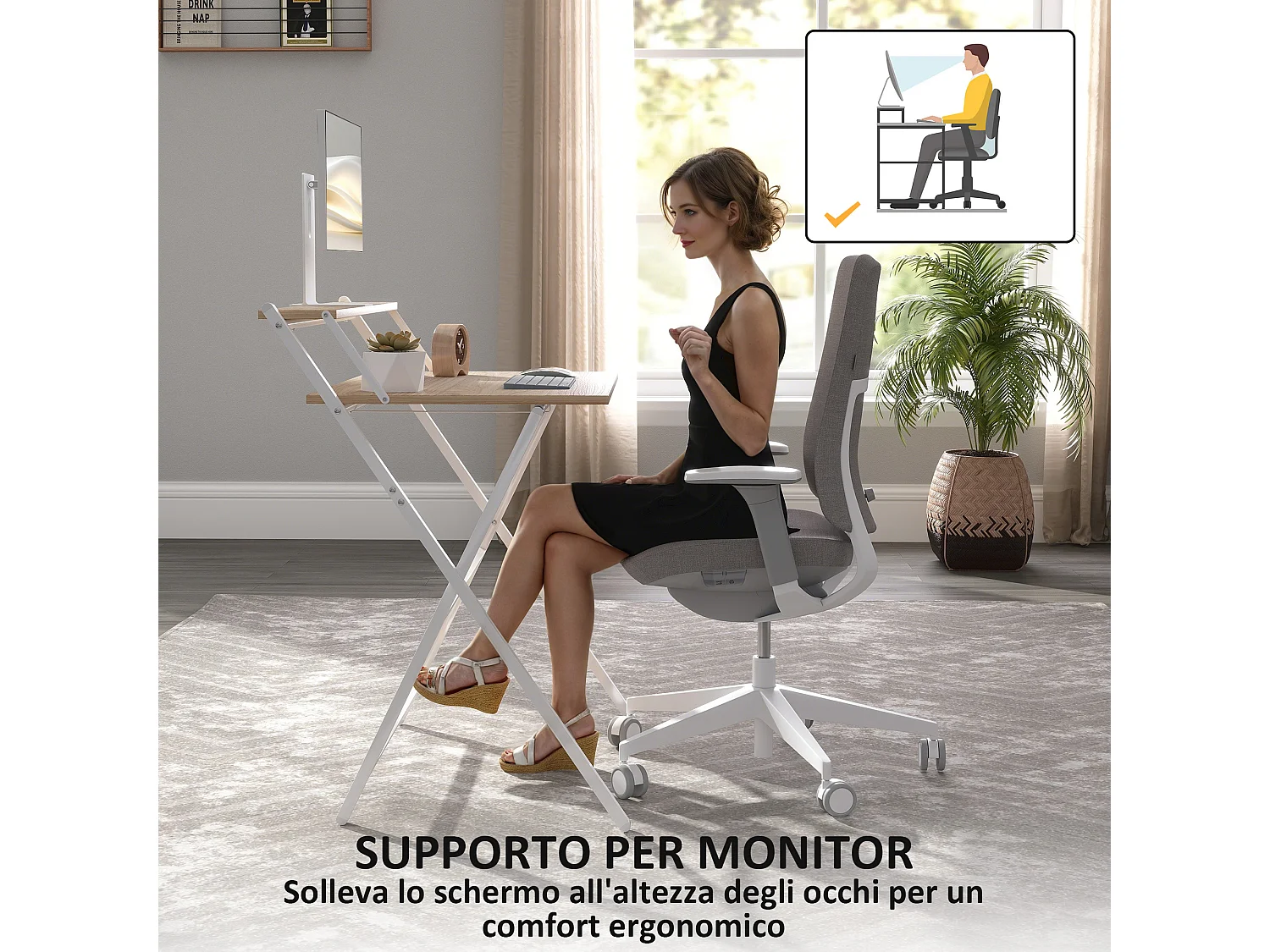 Scrivania pieghevole salvaspazio con ripiano supporto monitor legno