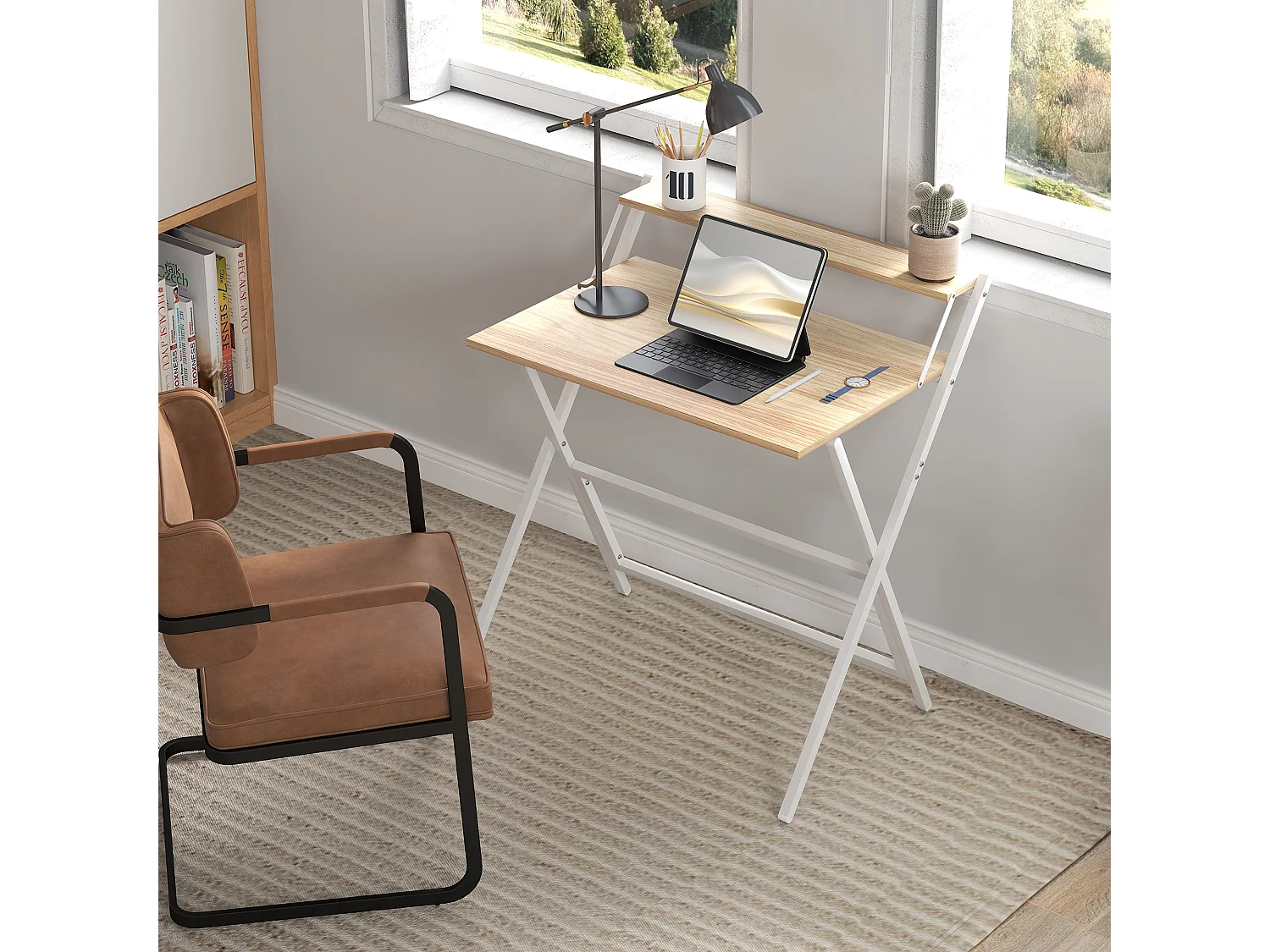 Scrivania pieghevole salvaspazio con ripiano supporto monitor legno