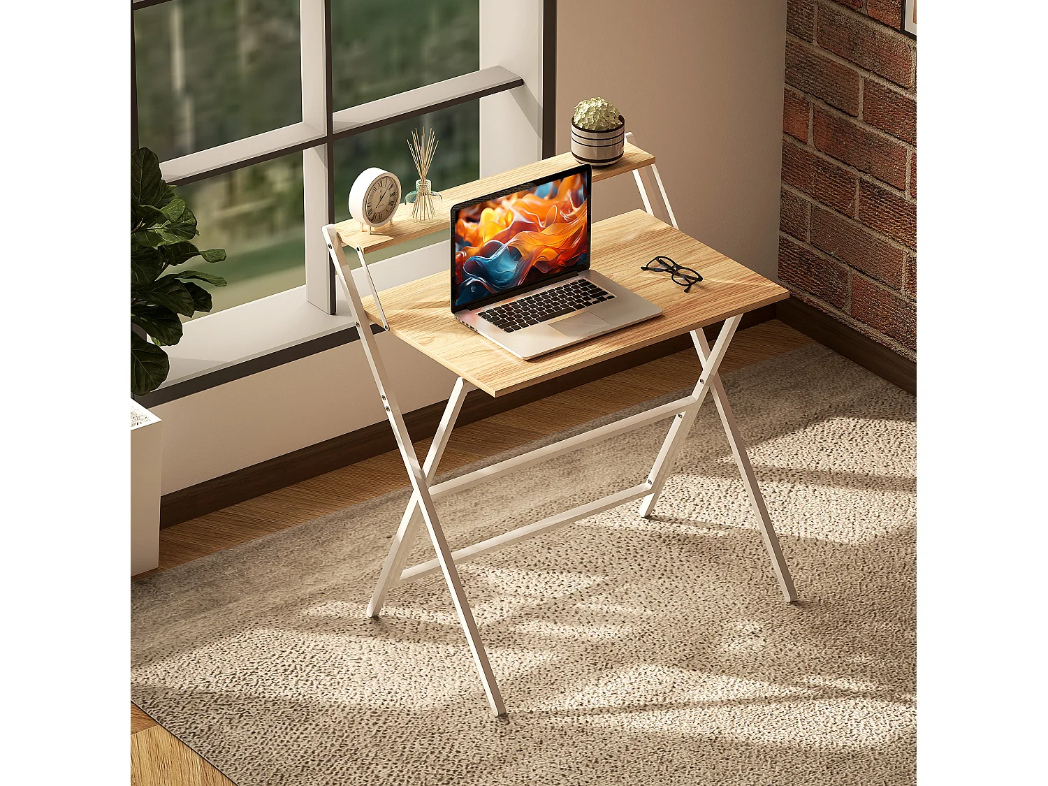 Scrivania pieghevole salvaspazio con ripiano supporto monitor legno