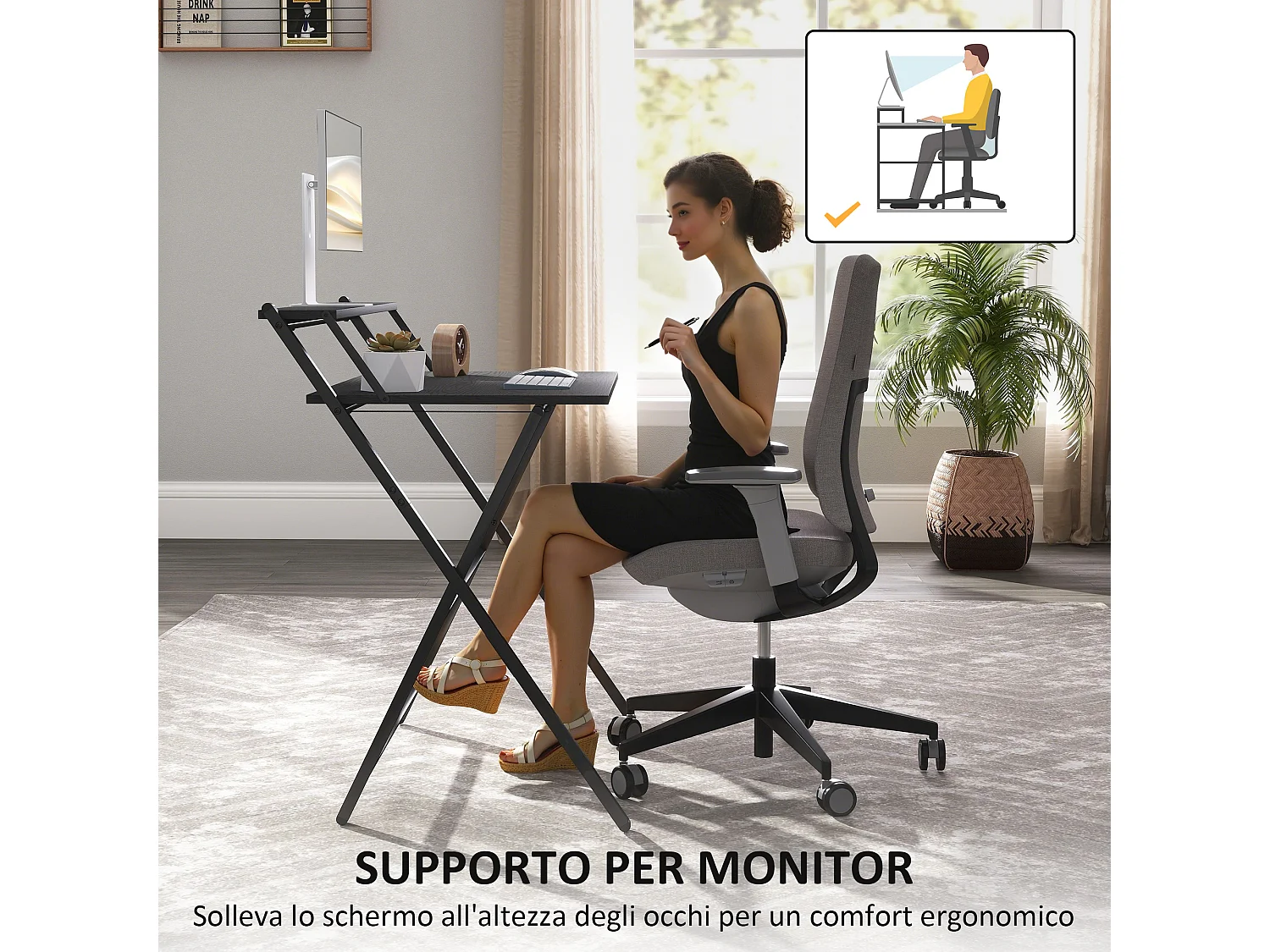 Scrivania pieghevole salvaspazio con ripiano supporto monitor nero