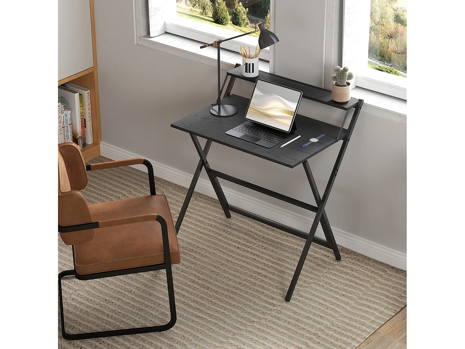 Scrivania pieghevole salvaspazio con ripiano supporto monitor nero