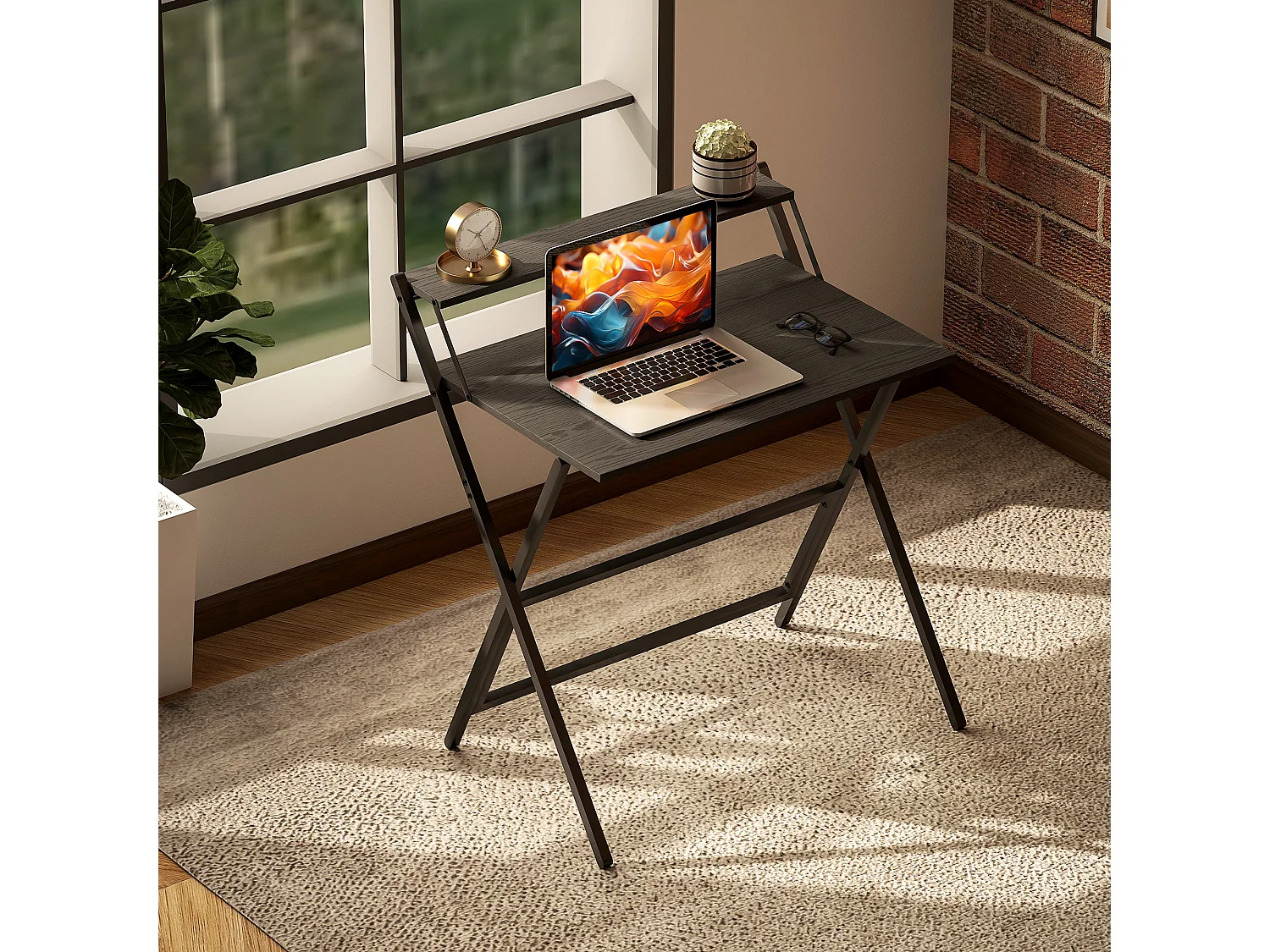 Scrivania pieghevole salvaspazio con ripiano supporto monitor nero