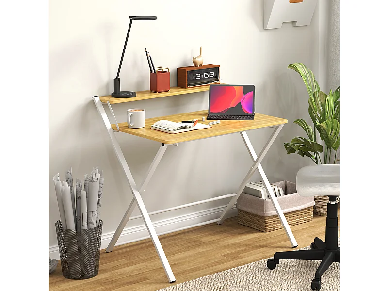 Scrivania pieghevole con ripiano rialzato bianca e color legno