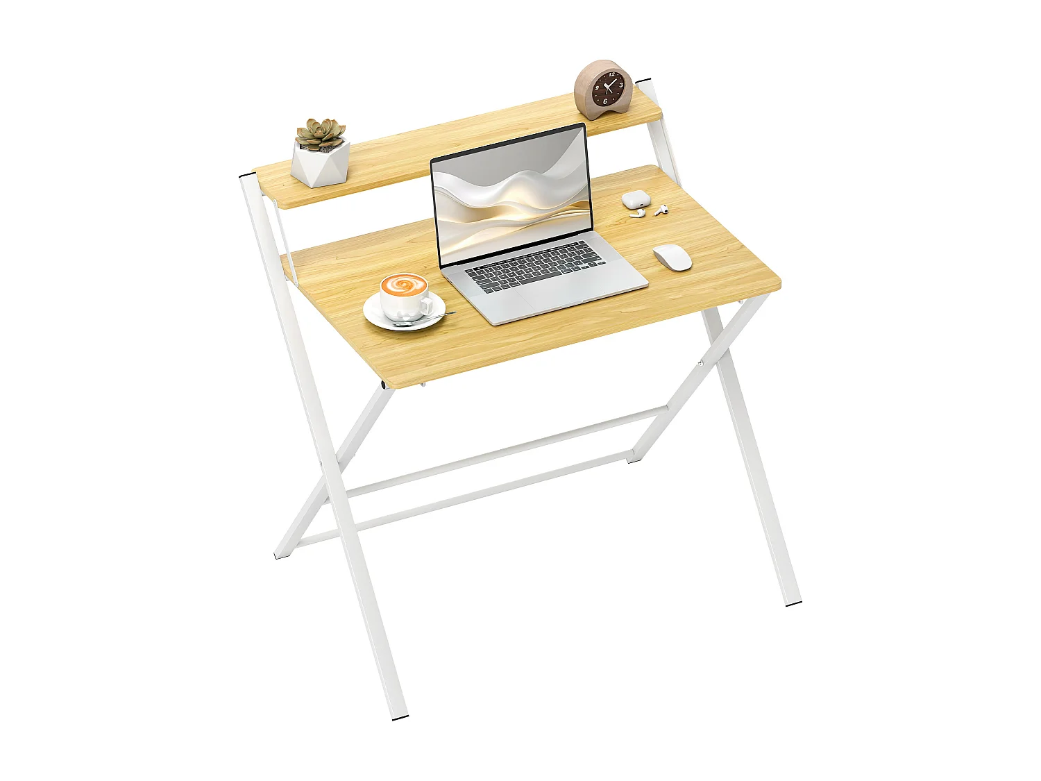Scrivania pieghevole con ripiano rialzato bianca e color legno