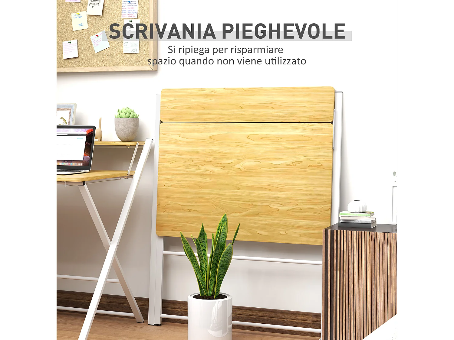 Scrivania pieghevole con ripiano rialzato bianca e color legno