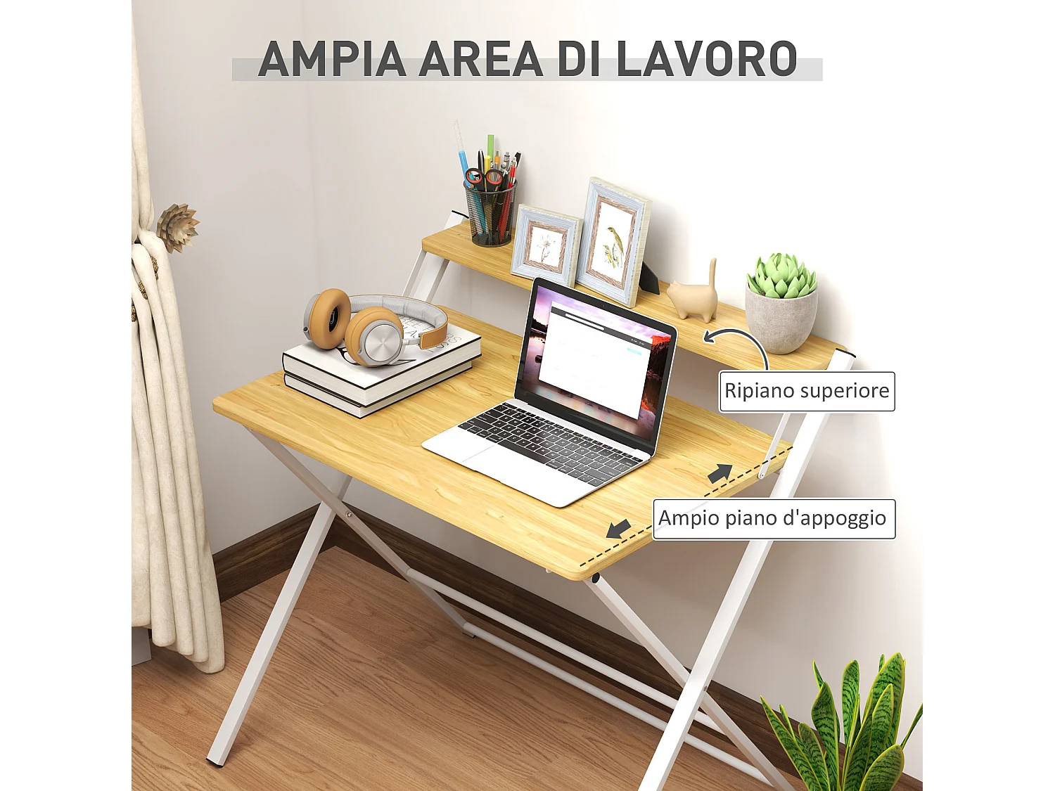 Scrivania pieghevole con ripiano rialzato bianca e color legno