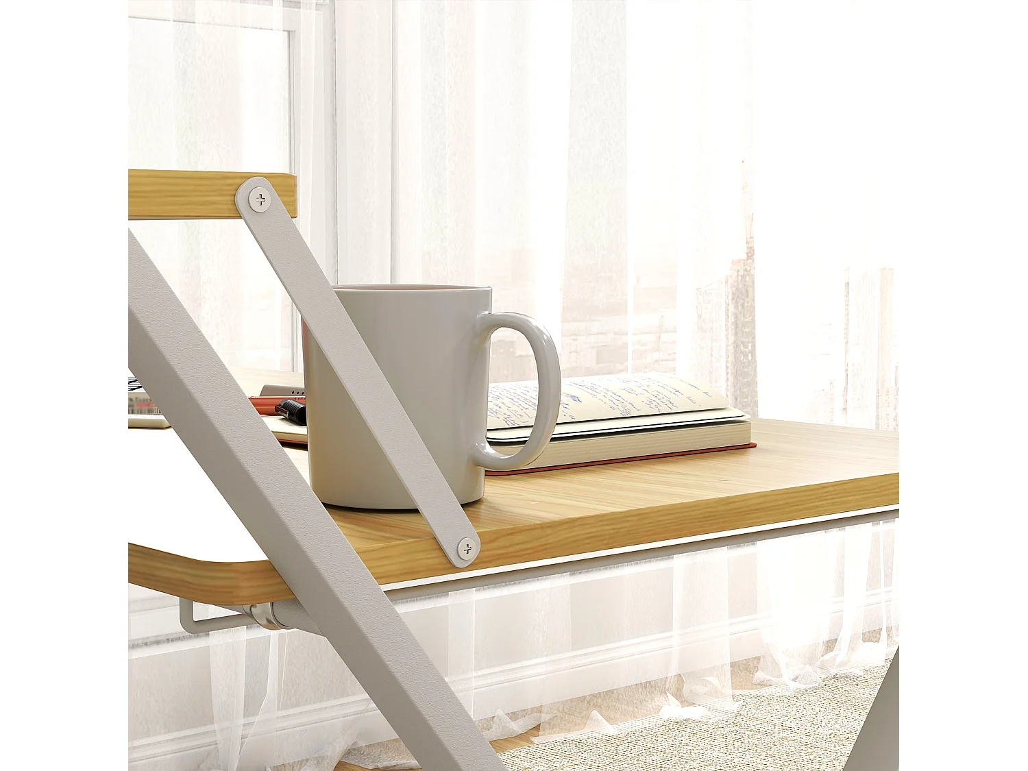 Scrivania pieghevole con ripiano rialzato bianca e color legno