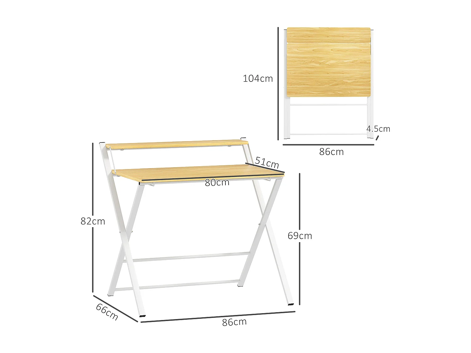 Scrivania pieghevole con ripiano rialzato bianca e color legno