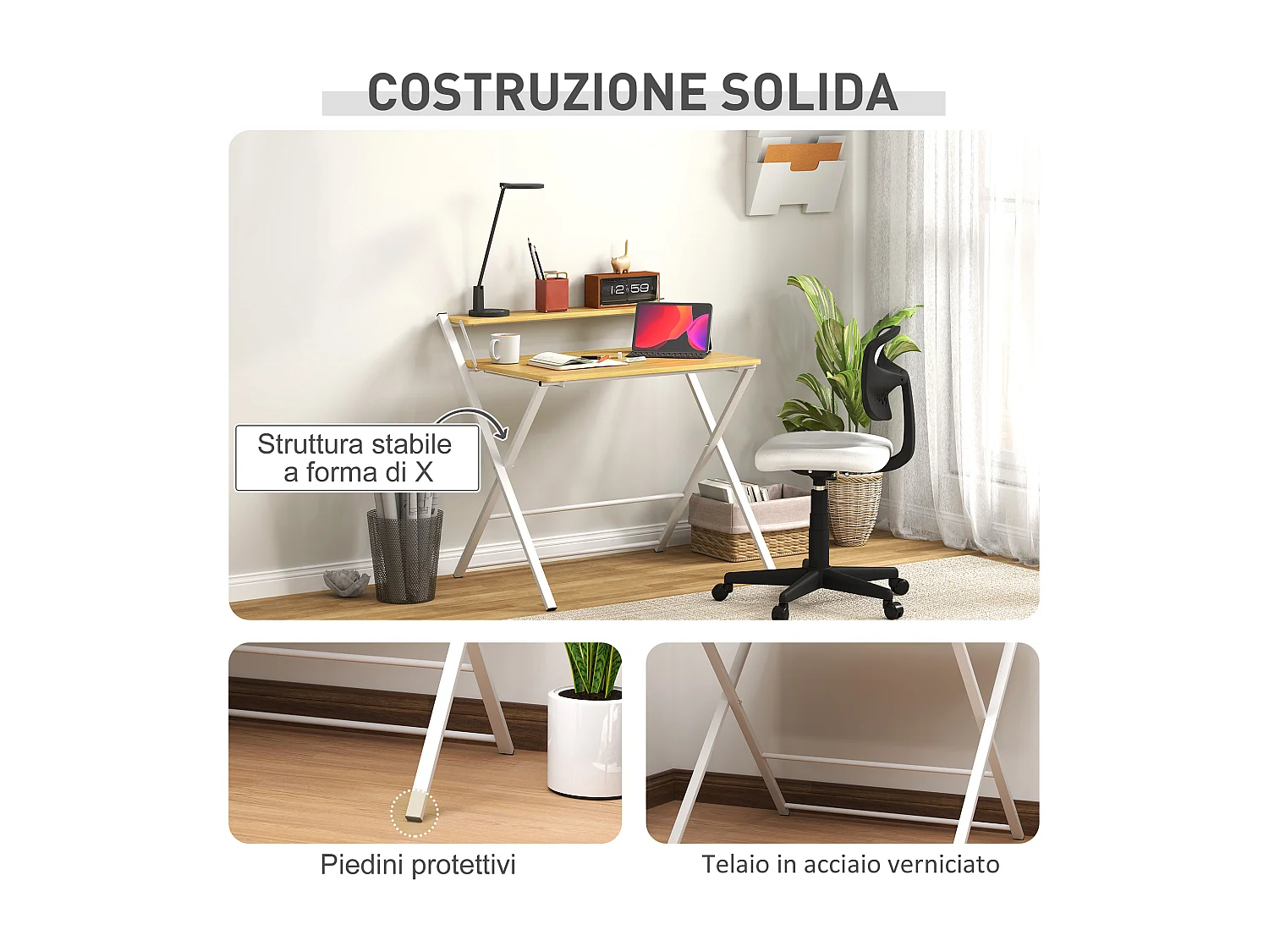 Scrivania pieghevole con ripiano rialzato bianca e color legno