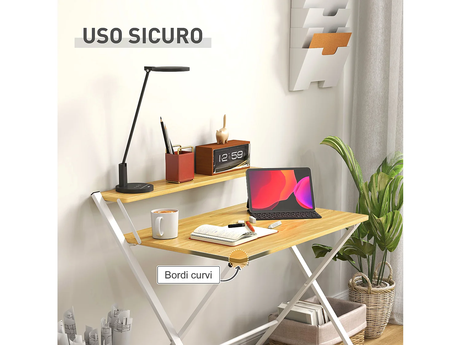 Scrivania pieghevole con ripiano rialzato bianca e color legno