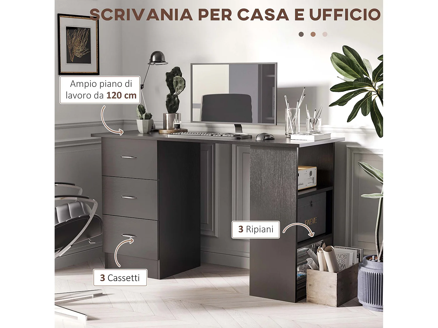 Scrivania pc moderno con 3 ripiani e 3 cassetti per camera in mdf nero