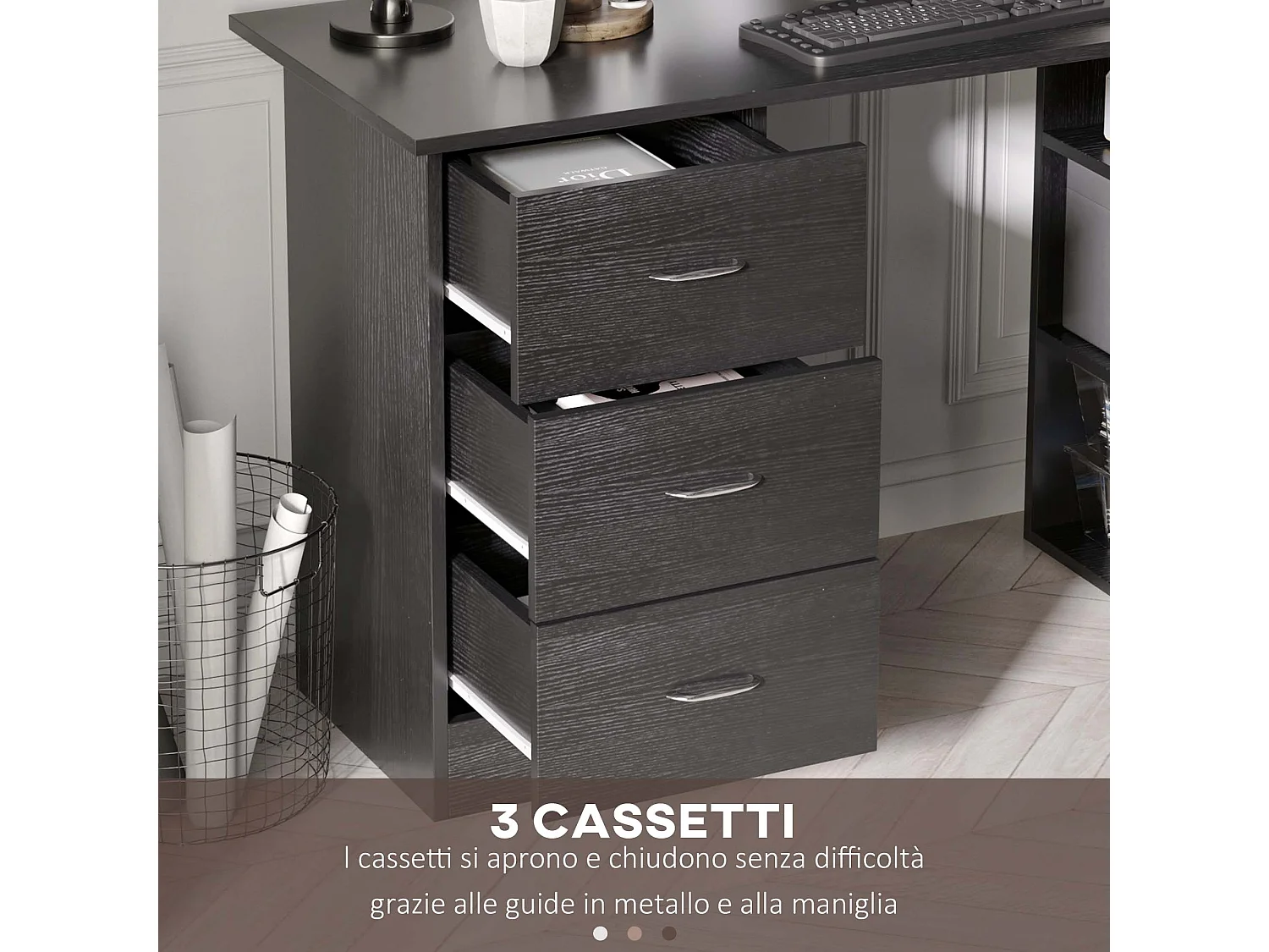 Scrivania pc moderno con 3 ripiani e 3 cassetti per camera in mdf nero