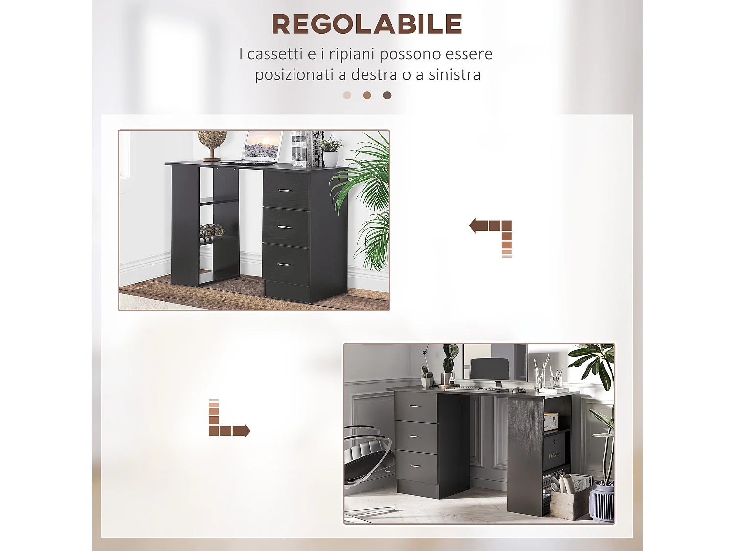 Scrivania pc moderno con 3 ripiani e 3 cassetti per camera in mdf nero