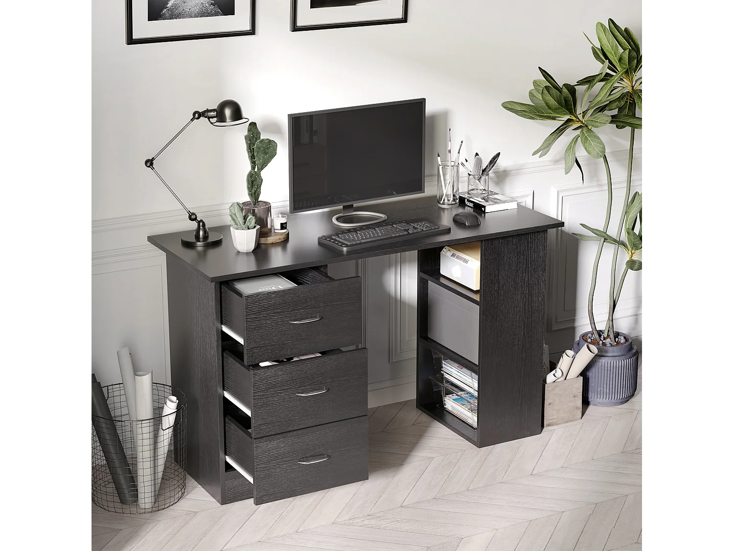 Scrivania pc moderno con 3 ripiani e 3 cassetti per camera in mdf nero