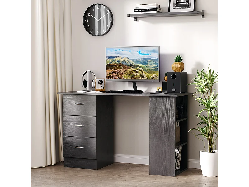 Scrivania pc moderno con 3 ripiani e 3 cassetti per camera in mdf nero