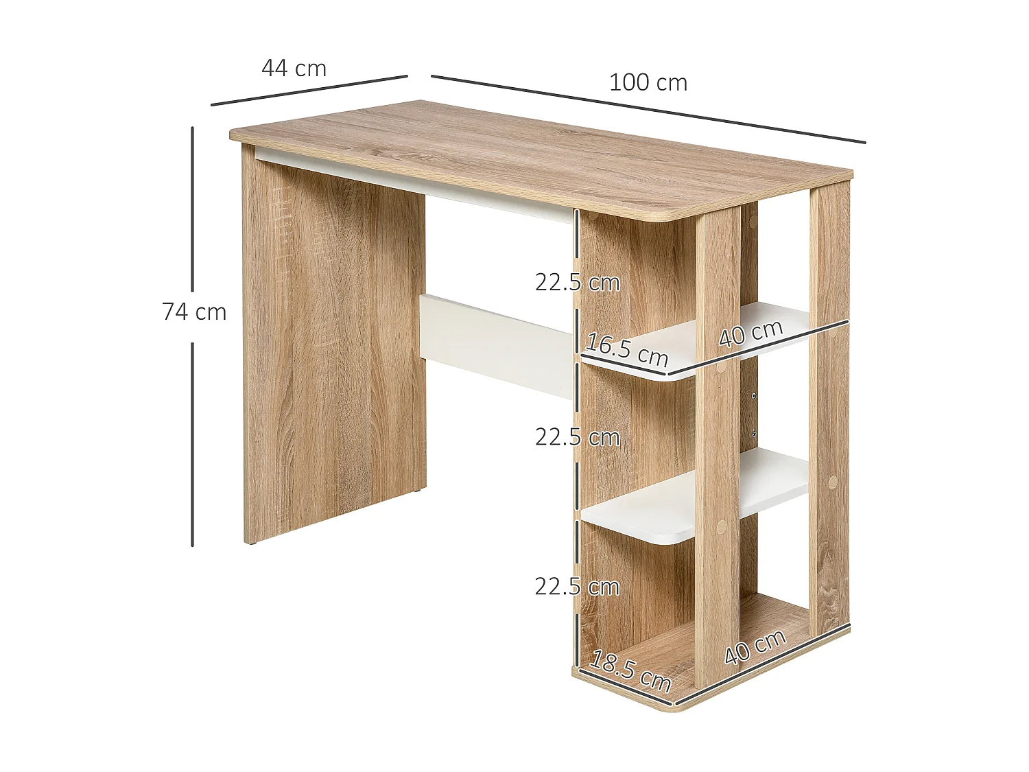 Scrivania moderna con 3 ripiani 100x44x74cm in legno bianco e quercia