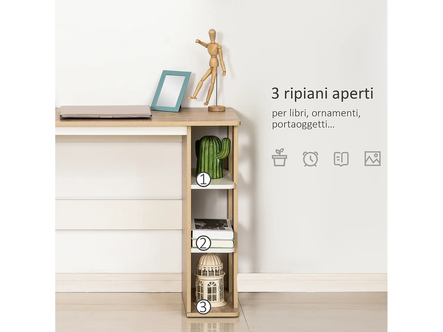 Scrivania moderna con 3 ripiani 100x44x74cm in legno bianco e quercia