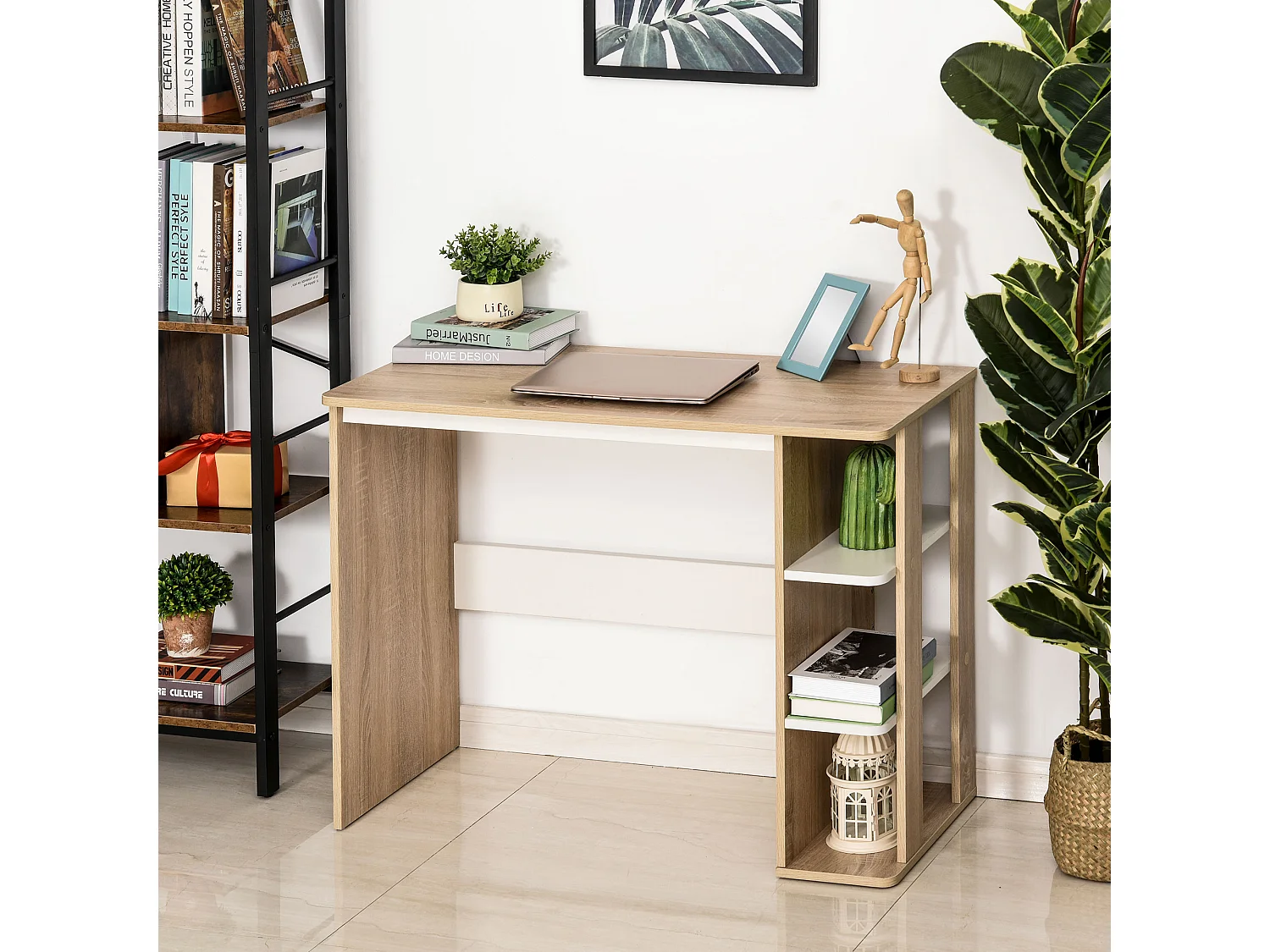 Scrivania moderna con 3 ripiani 100x44x74cm in legno bianco e quercia