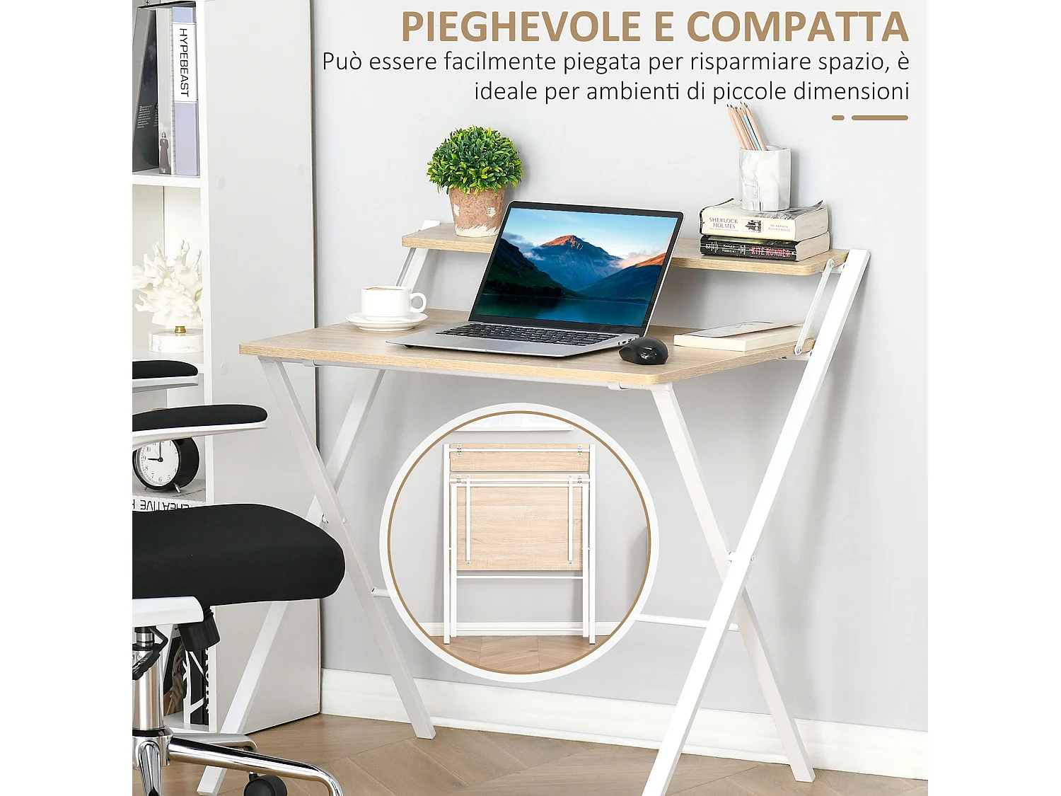 Scrivania pieghevole con mensola legno e metallo 81.5x70x84cm