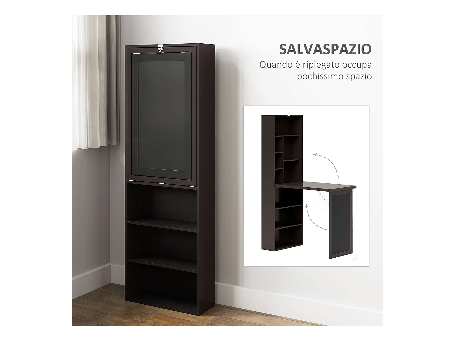 Scrivania pieghevole moderna con libreria e lavagna marrone