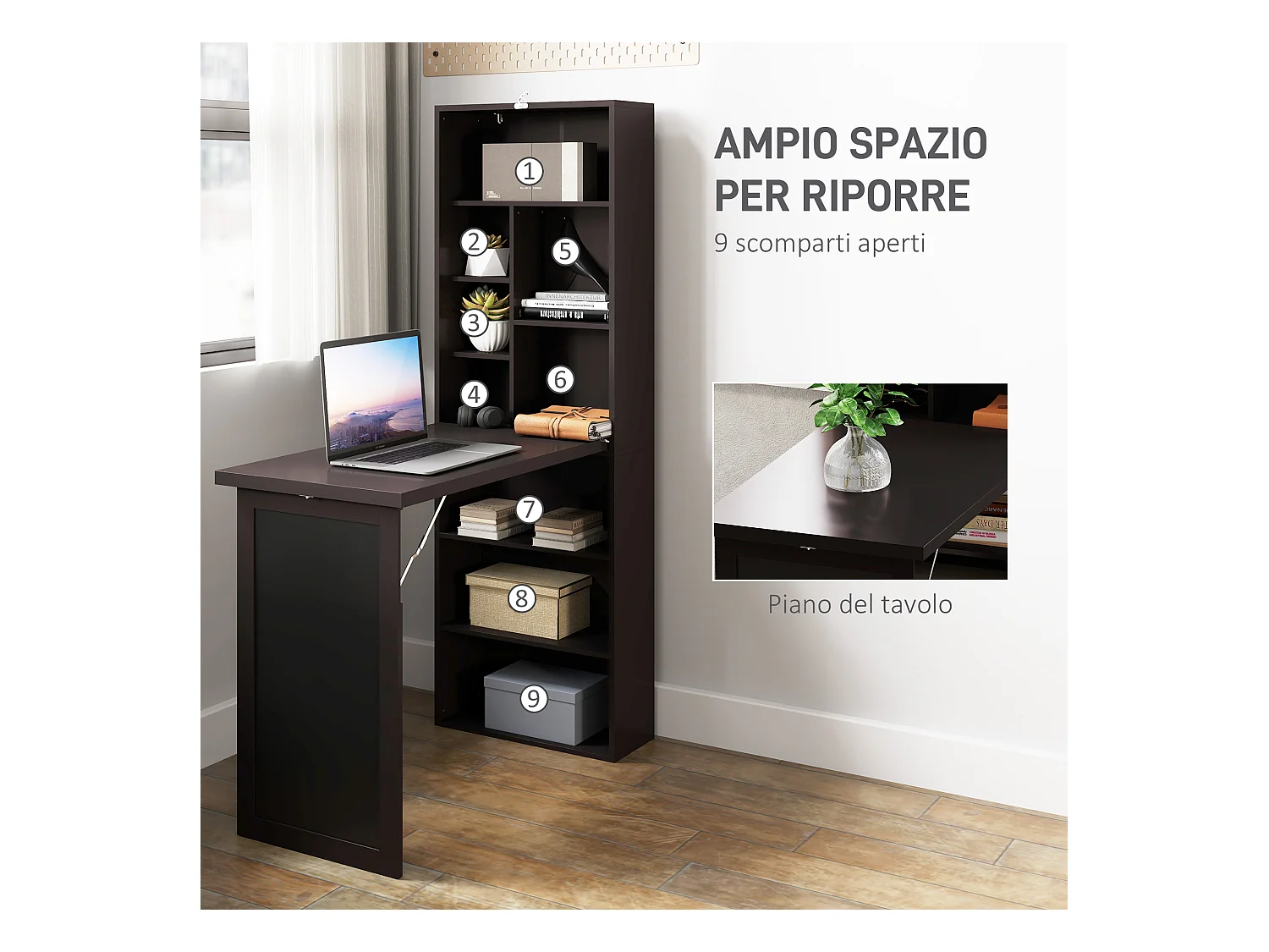 Scrivania pieghevole moderna con libreria e lavagna marrone