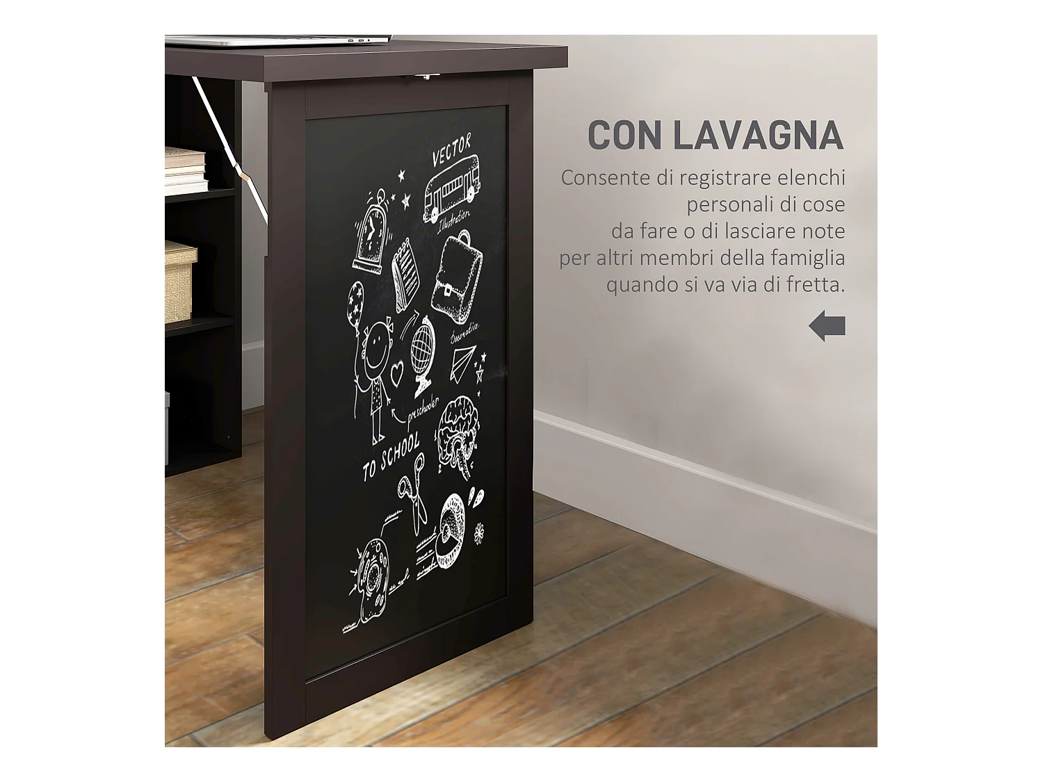 Scrivania pieghevole moderna con libreria e lavagna marrone