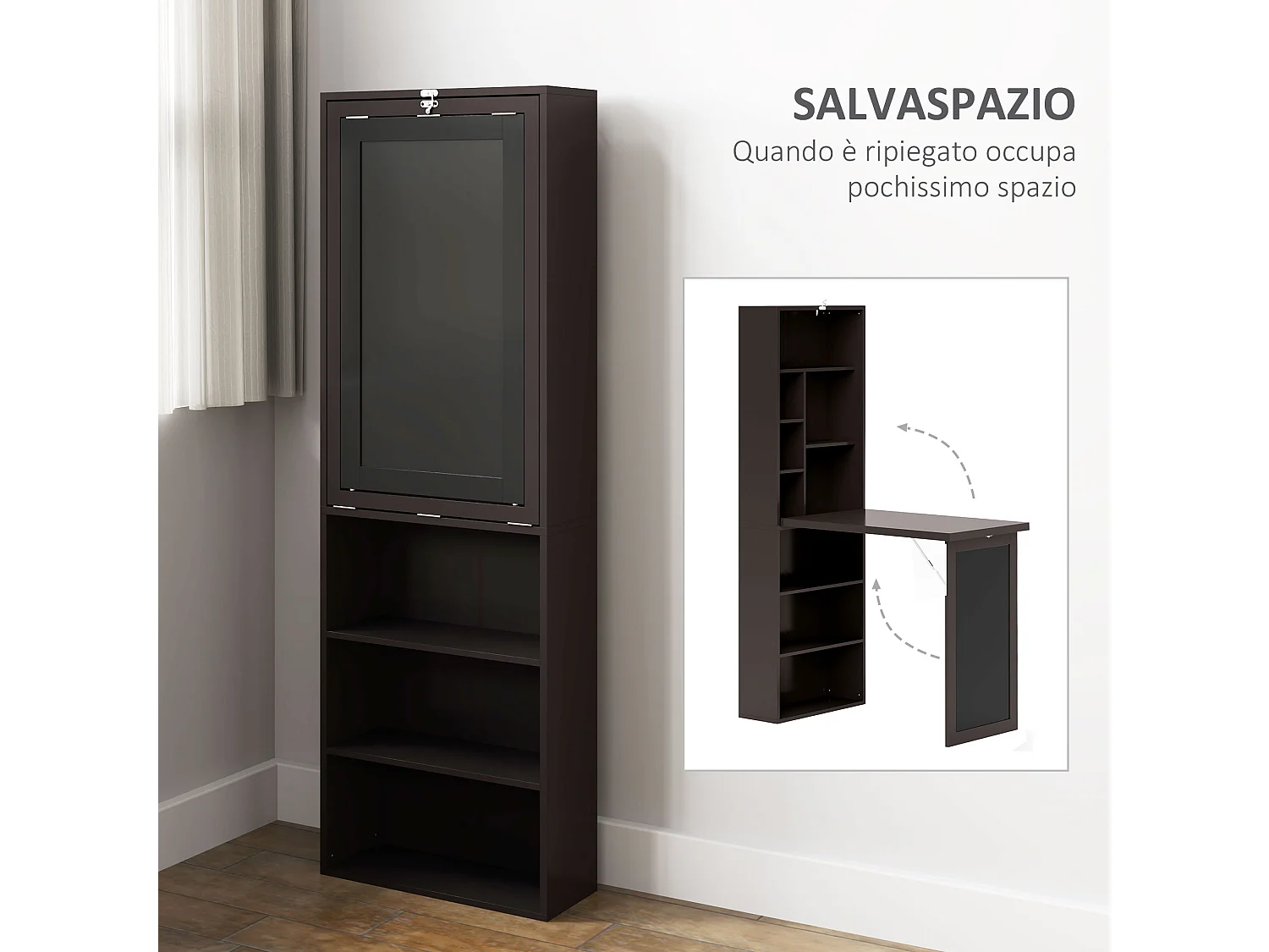 Scrivania pieghevole moderna con libreria e lavagna marrone