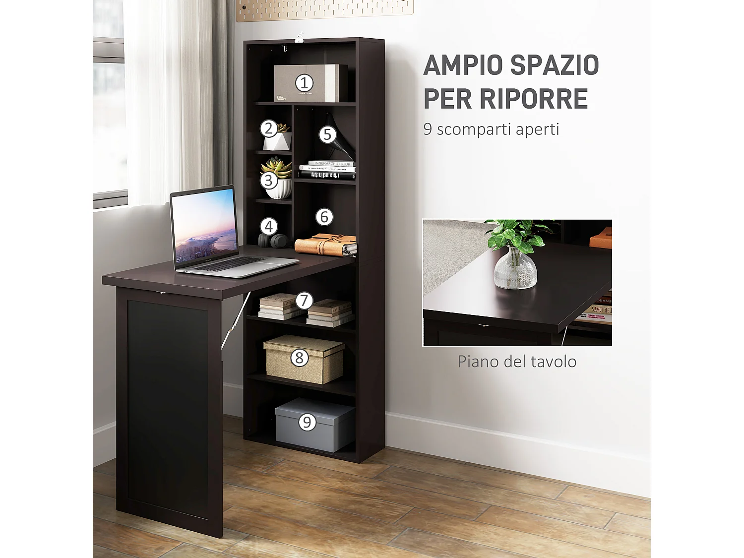 Scrivania pieghevole moderna con libreria e lavagna marrone