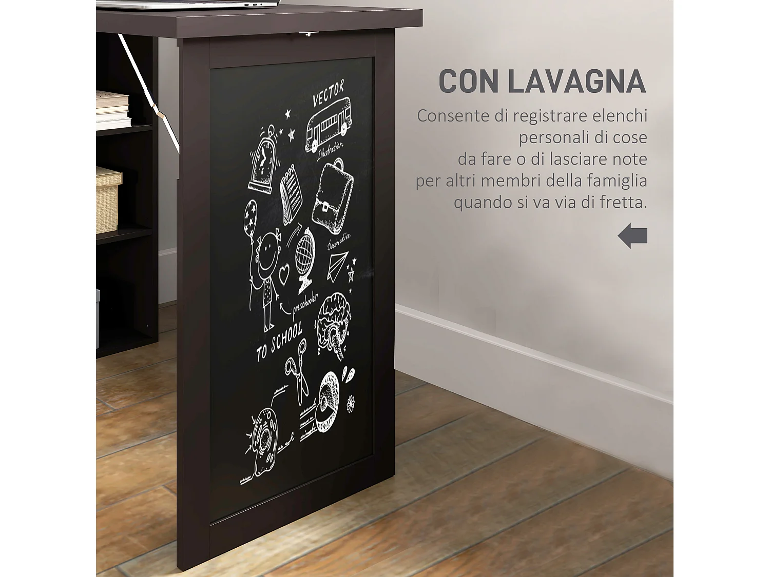 Scrivania pieghevole moderna con libreria e lavagna marrone