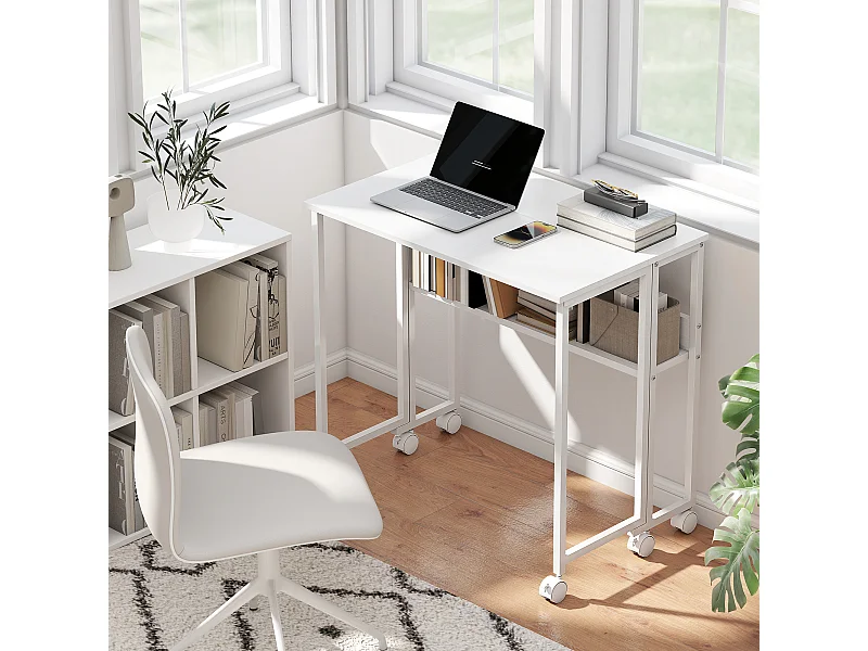 Scrivania pieghevole a ribalta con ripiano e ruote bianco
