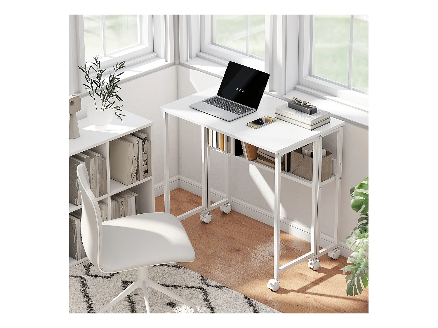 Scrivania pieghevole a ribalta con ripiano e ruote bianco