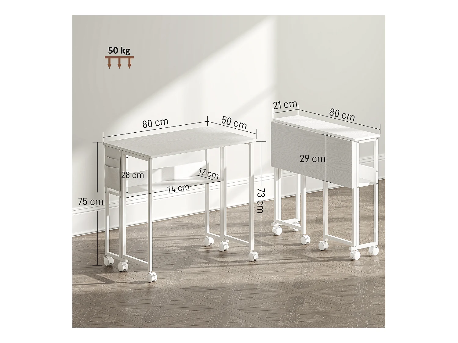 Scrivania pieghevole a ribalta con ripiano e ruote bianco