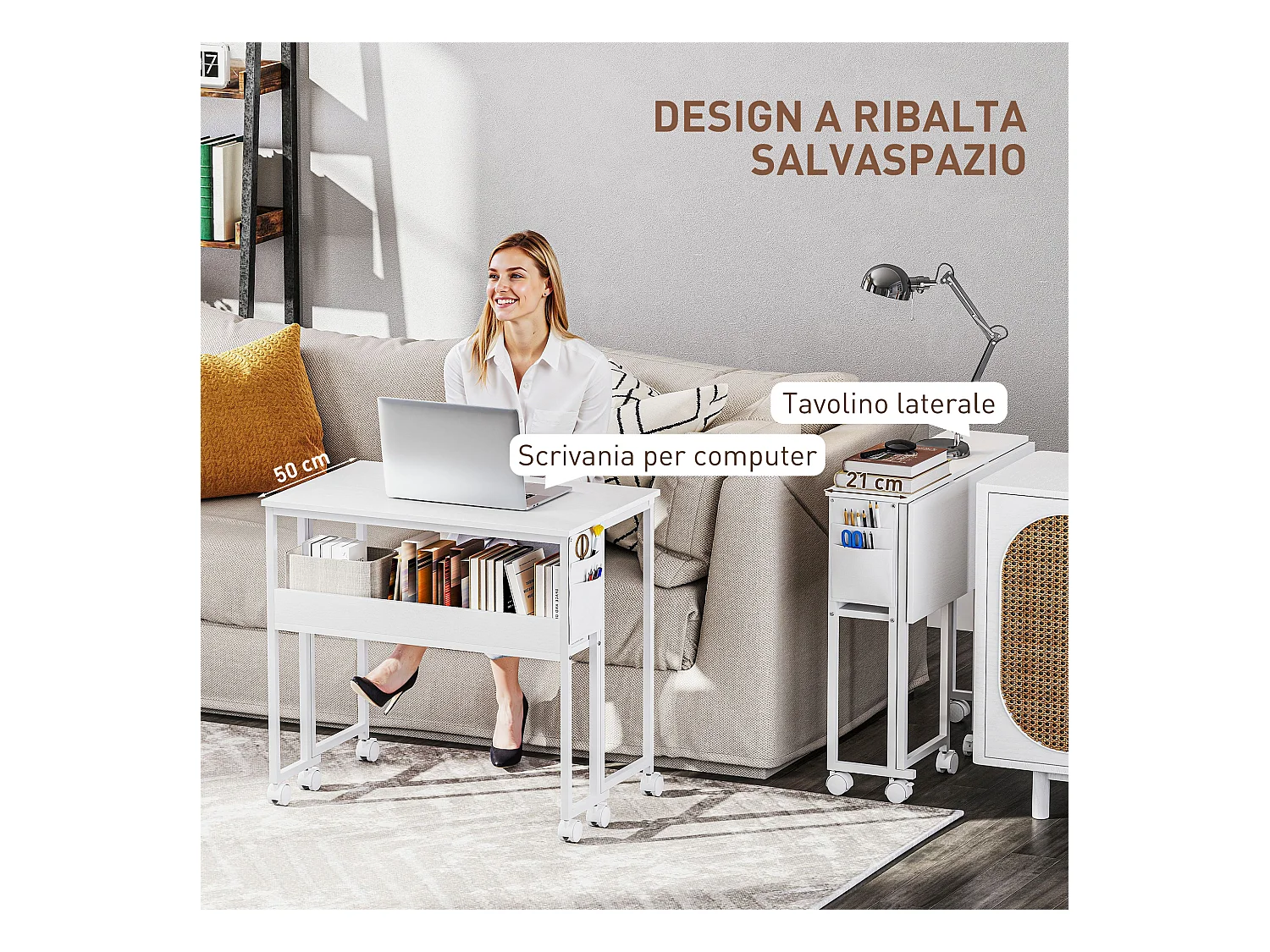 Scrivania pieghevole a ribalta con ripiano e ruote bianco