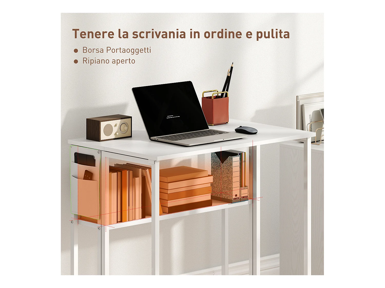 Scrivania pieghevole a ribalta con ripiano e ruote bianco