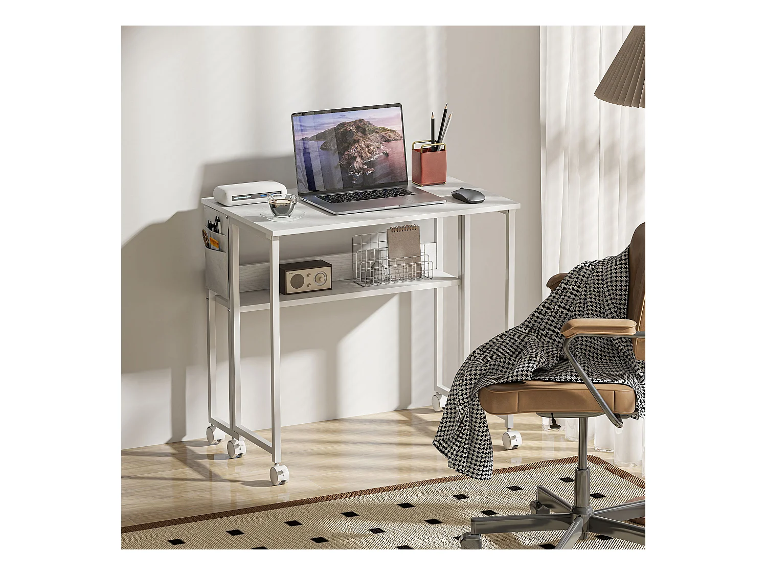 Scrivania pieghevole a ribalta con ripiano e ruote bianco