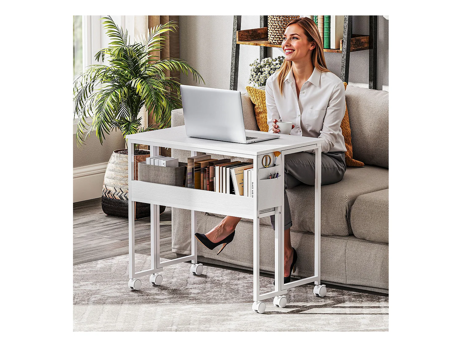 Scrivania pieghevole a ribalta con ripiano e ruote bianco