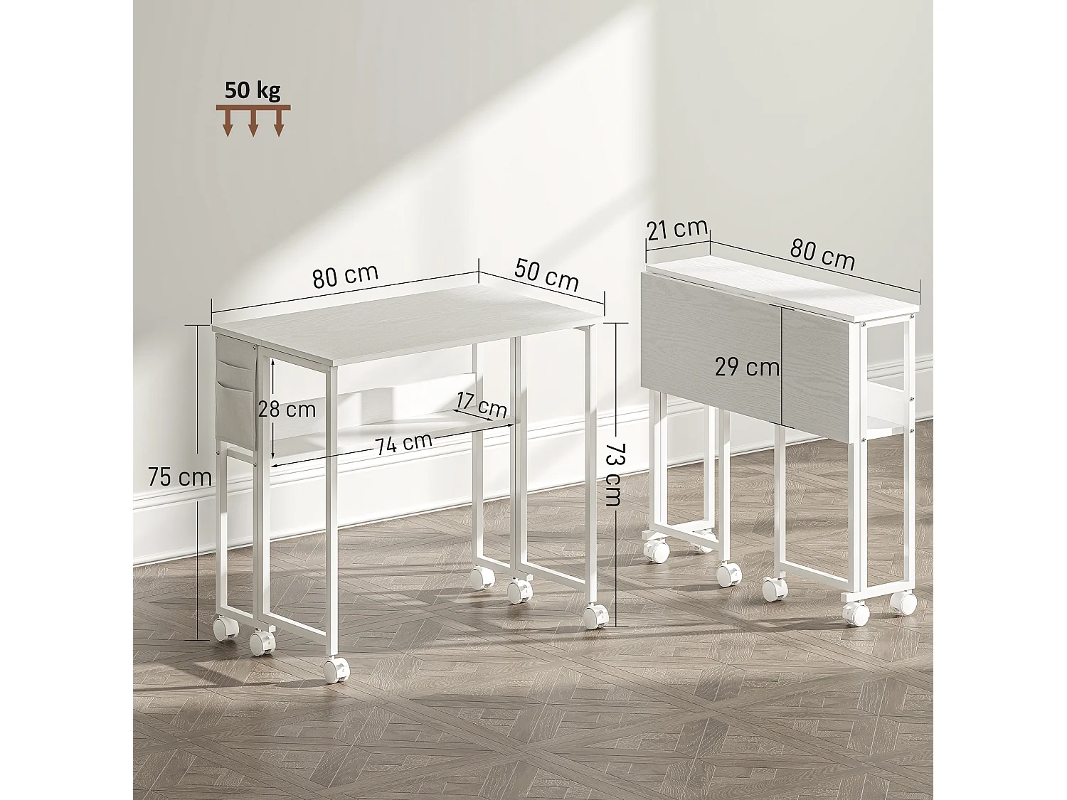 Scrivania pieghevole a ribalta con ripiano e ruote bianco