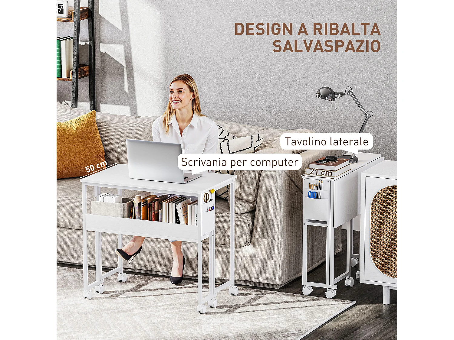 Scrivania pieghevole a ribalta con ripiano e ruote bianco