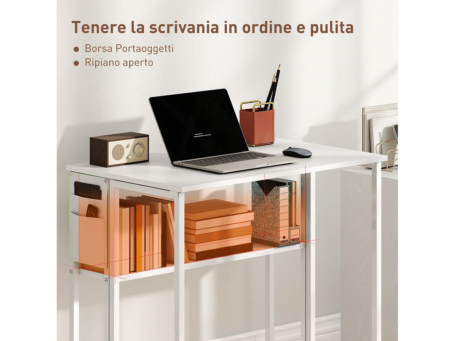 Scrivania pieghevole a ribalta con ripiano e ruote bianco