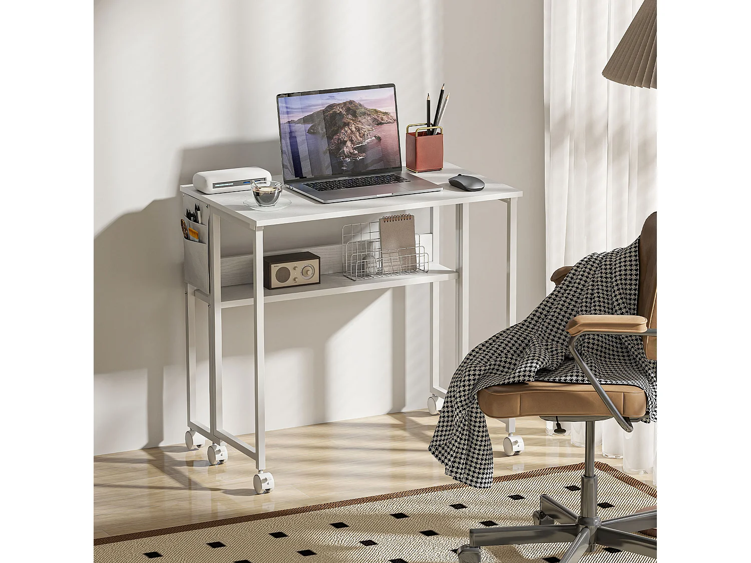 Scrivania pieghevole a ribalta con ripiano e ruote bianco