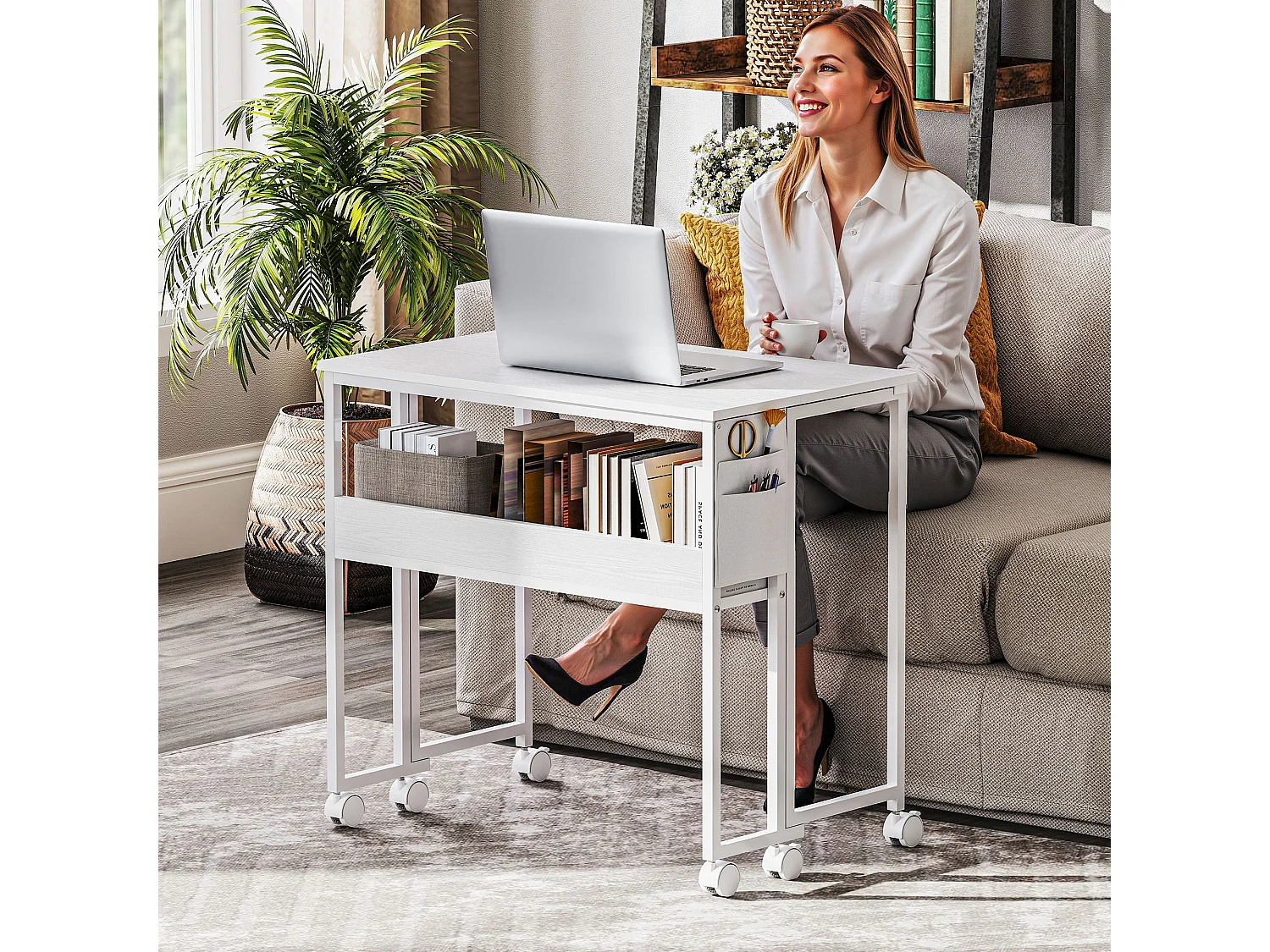 Scrivania pieghevole a ribalta con ripiano e ruote bianco