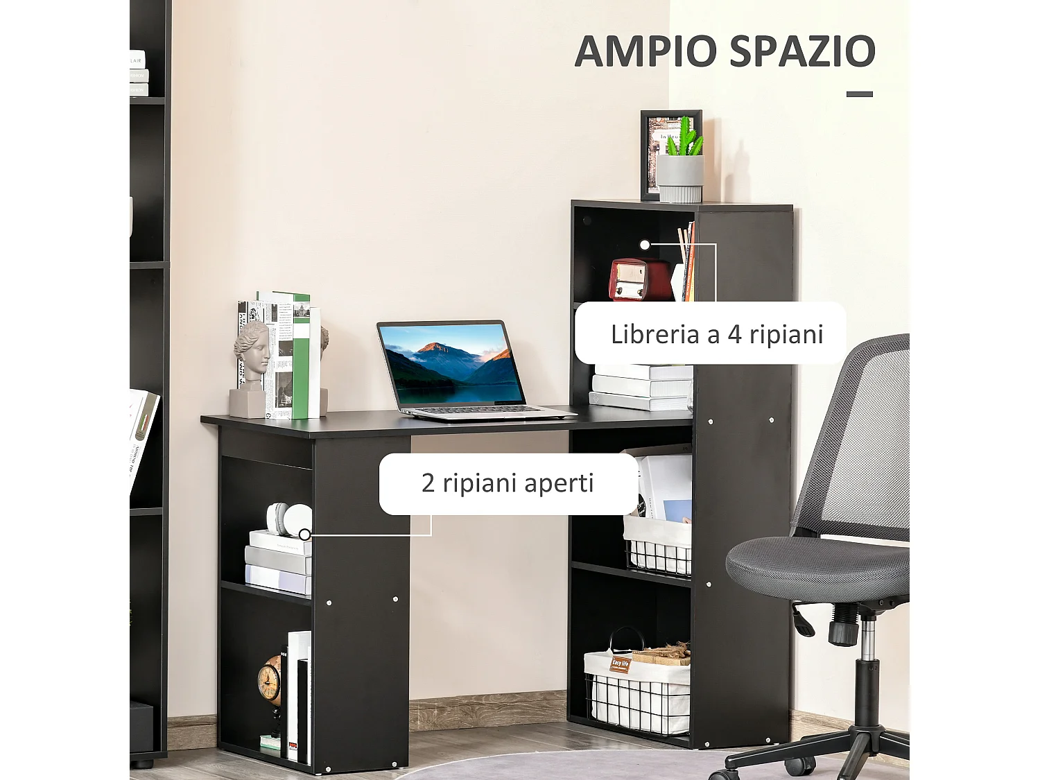 Scrivania pc in legno con 6 ripiani portaoggetti nero