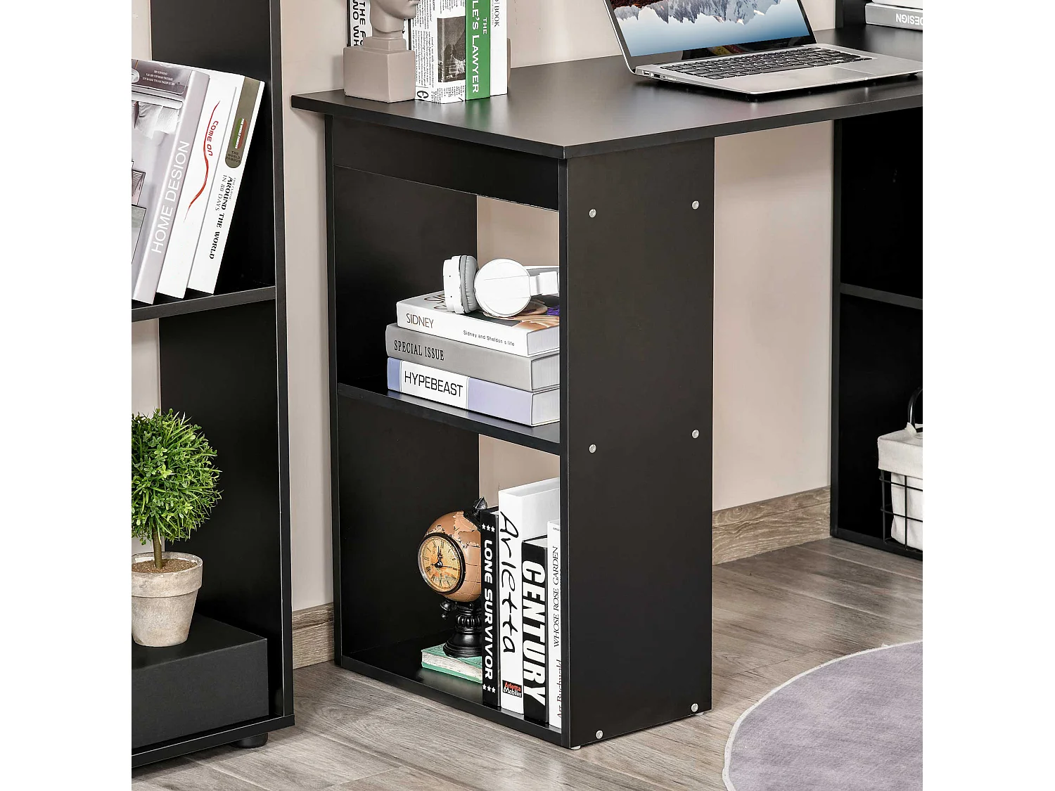 Scrivania pc in legno con 6 ripiani portaoggetti nero