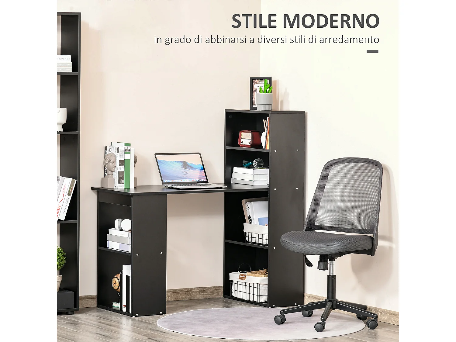 Scrivania pc in legno con 6 ripiani portaoggetti nero