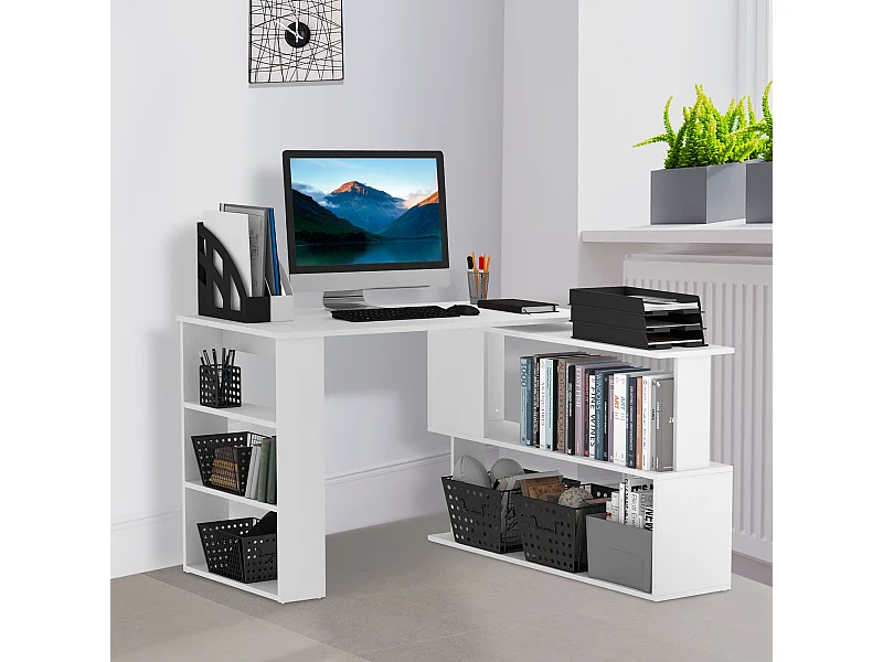 Scrivania angolare girevole a 360° e 5 ripiani bianca