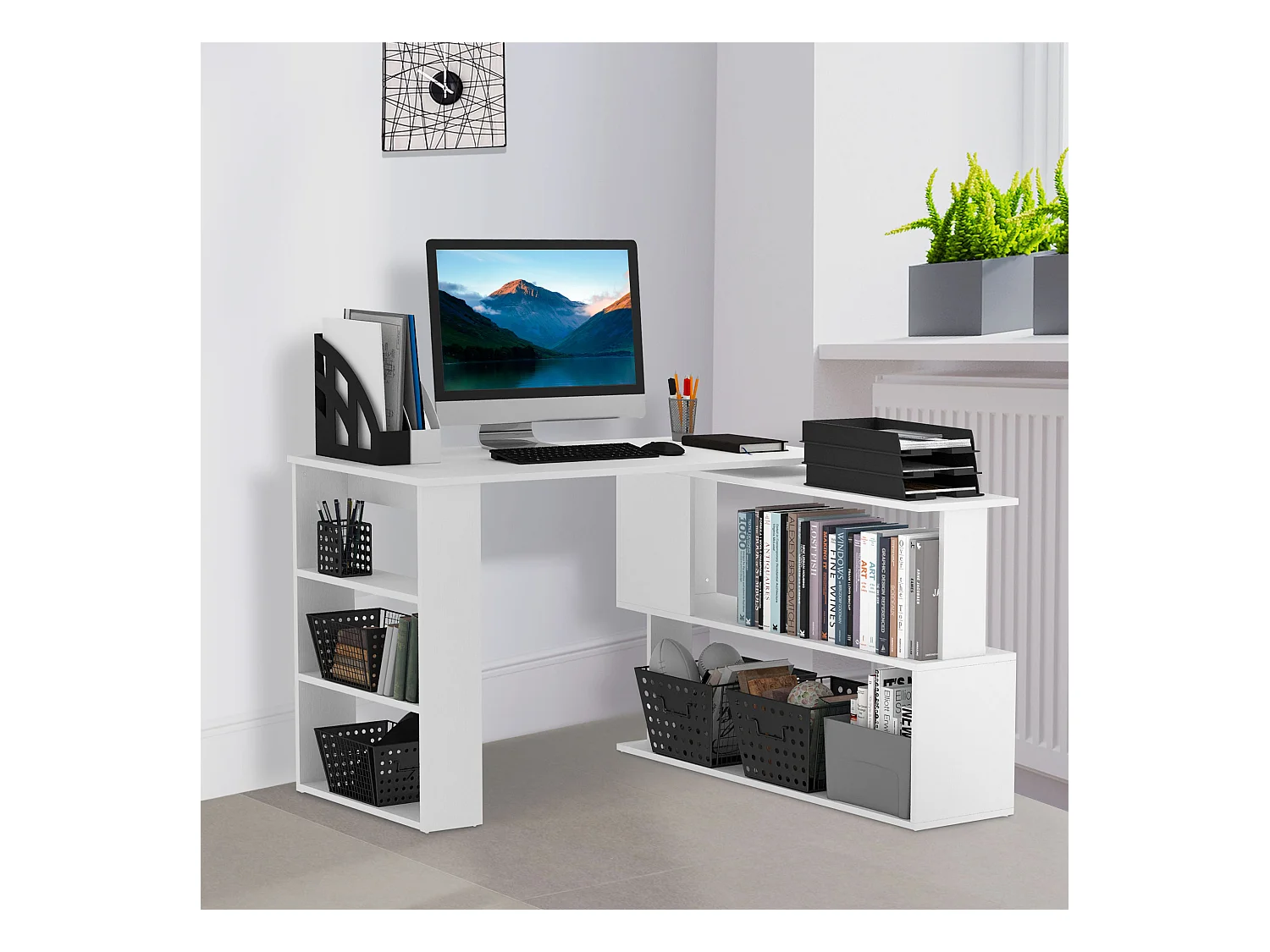 Scrivania angolare girevole a 360° e 5 ripiani bianca