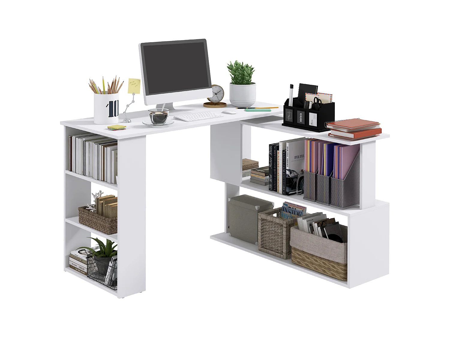 Scrivania angolare girevole a 360° e 5 ripiani bianca